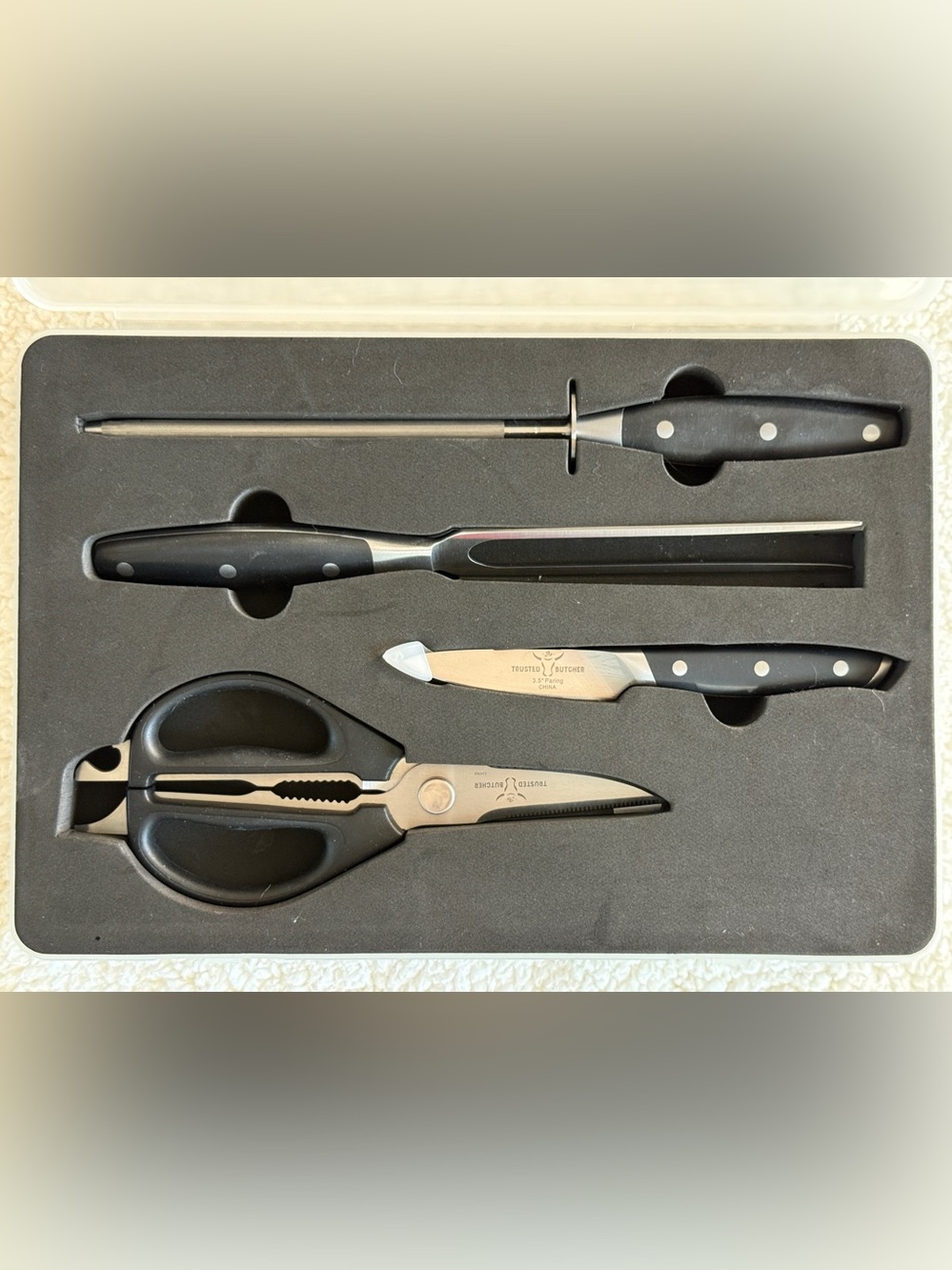 Trusted Butcher 4-Piece Black Handle Knife and Shears Set - NWOT